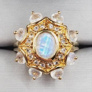 18k Yellow Gold 925 Sterling Silver Ring Genuine Moonstone Ring Halo Bez…